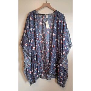 Japna NWT Floral Kimono One Size Blue Boho Open Front Lightweight Duster Layer